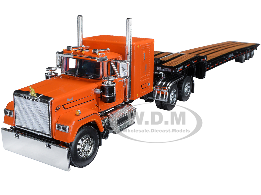 Mack Super-Liner 60" Sleeper Cab Truck with Talbert 5553TA Tri-Axle Trailer Orange and Black 1/64 Diecast Model by DCP/First Gear