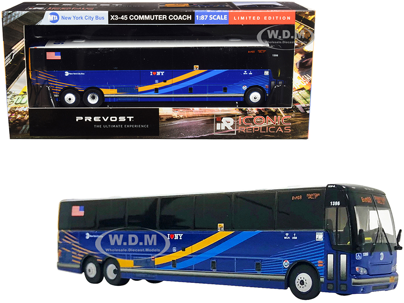 Image of Prevost X3-45 Commuter Coach Bus BxM18 "Downtown - Wall St." New York City MTA Dark Blue with Stripes 1/87 (HO) Diecast Model by Iconic Replicas