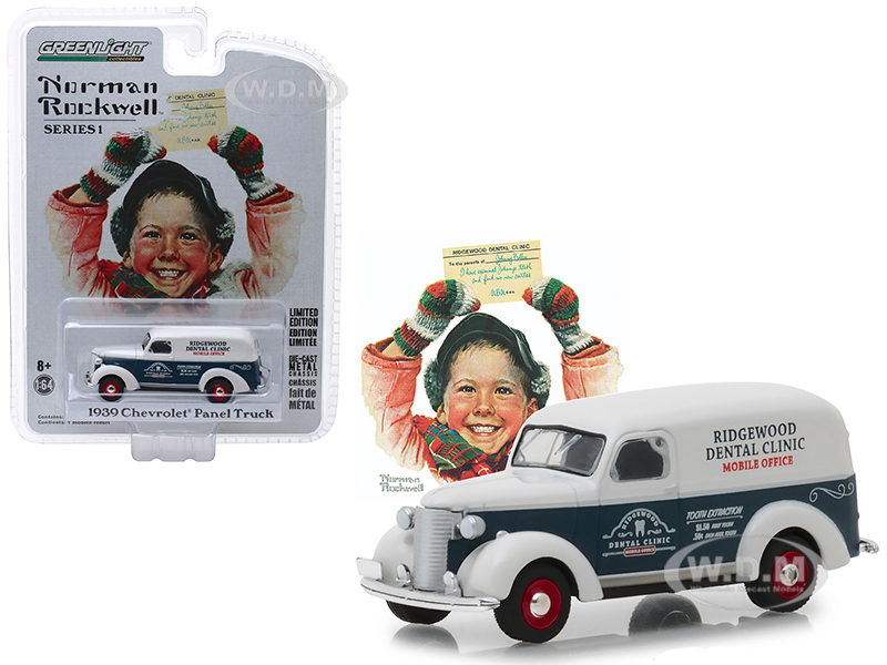 Image of 1939 Chevrolet Panel Truck Blue and White "Ridgewood Dental Clinic" Mobile Office "Norman Rockwell Delivery Vehicles" Series 1 1/64 Diecast Model Car