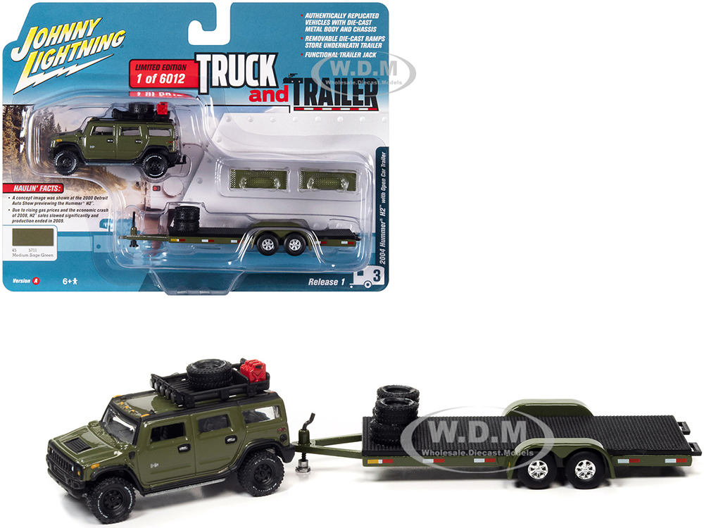 2004 Hummer H2 Medium Sage Green with Open Trailer Limited Edition to 6012 pieces Worldwide "Truck and Trailer" Series 1/64 Diecast Model Car by John