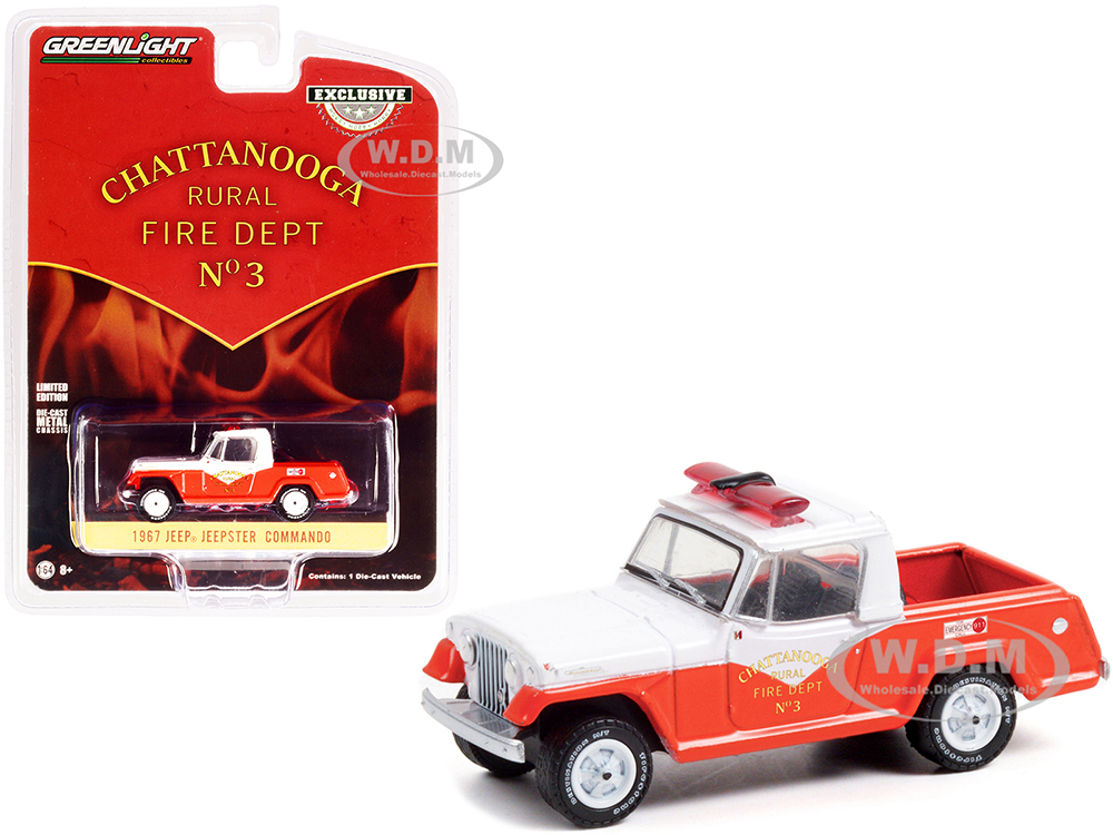 1967 Jeep Jeepster Commando Pickup Truck White And Orange Chattanooga Rural Fire Department No. 3 Hobby Exclusive 1/64 Diecast Model Car By Green