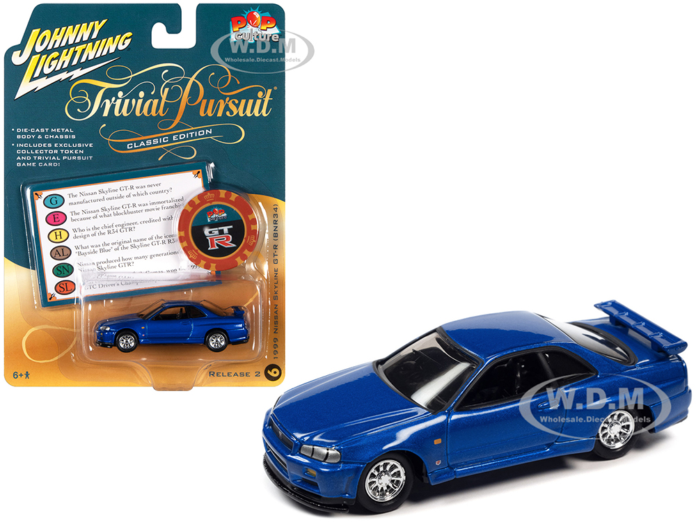 1999 Nissan Skyline GT-R RHD (Right Hand Drive) Blue Metallic with Poker Chip Collectors Token and Game Card "Trivial Pursuit" "Pop Culture" 2022 Rel
