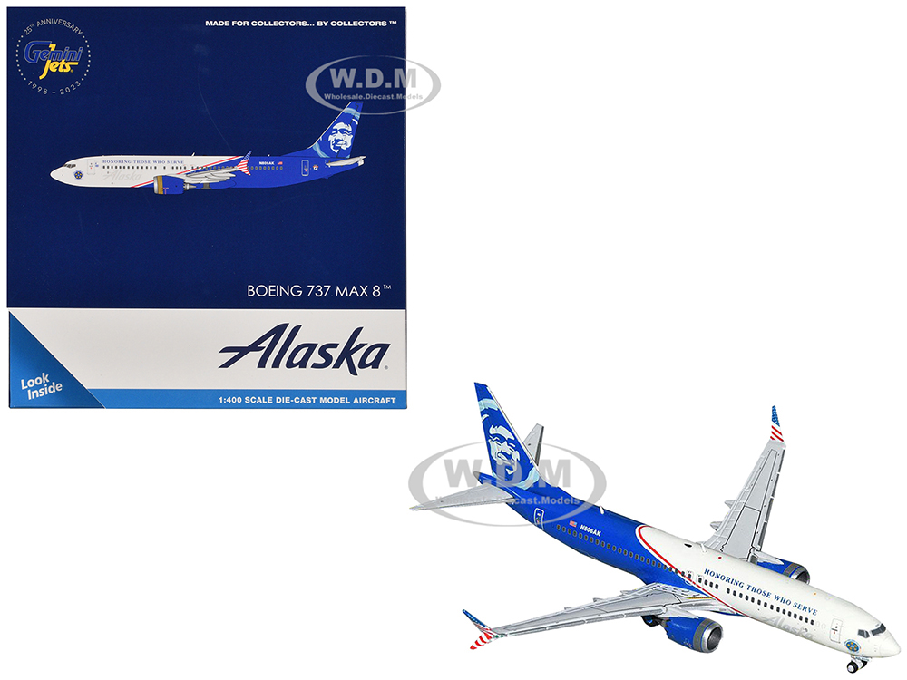 Boeing 737 MAX 8 Commercial Aircraft Alaska Airlines - Honoring Those Who Serve (N806AK) White and Blue 1/400 Diecast Model Airplane by GeminiJets