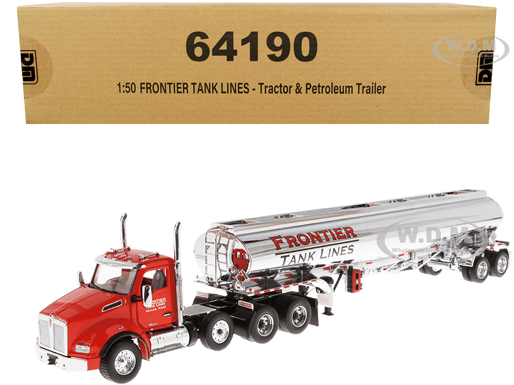 Kenworth T880 SBFA Tandem Day Cab Truck with Pusher Axle and Heil FD9300/DT-C4 Petroleum Tanker Trailer "Frontier Tank Lines" Red and Chrome "Transpo
