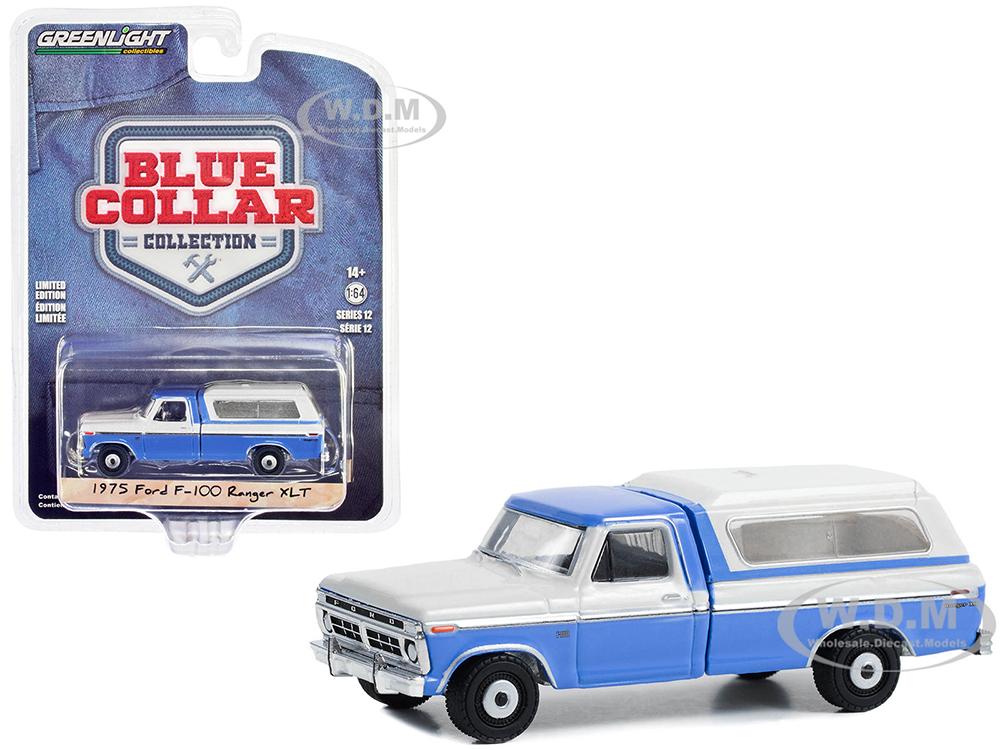 1975 Ford F-100 Ranger XLT Pickup Truck with Camper Shell Wind Blue and Wimbledon White Blue Collar Collection Series 12 1/64 Diecast Model Car by Greenlight