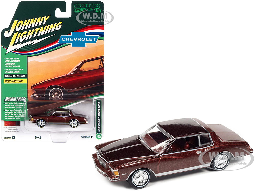 1979 Chevrolet Monte Carlo Carmine Red Metallic with White Stripes "Muscle Cars U.S.A" Series Limited Edition 1/64 Diecast Model Car by Johnny Lightn