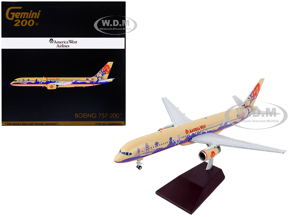 Boeing 757-200 Commercial Aircraft America West Airlines Beige with Purple Graphics Gemini 200 Series 1/200 Diecast Model Airplane by GeminiJets