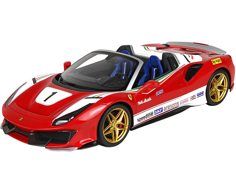 Image of 2018 Ferrari 488 Pista Spider 1 Niki Lauda Tribute Version Rosso Corsa Red and White with Green and Red Stripes with DISPLAY CASE Limited Edition to