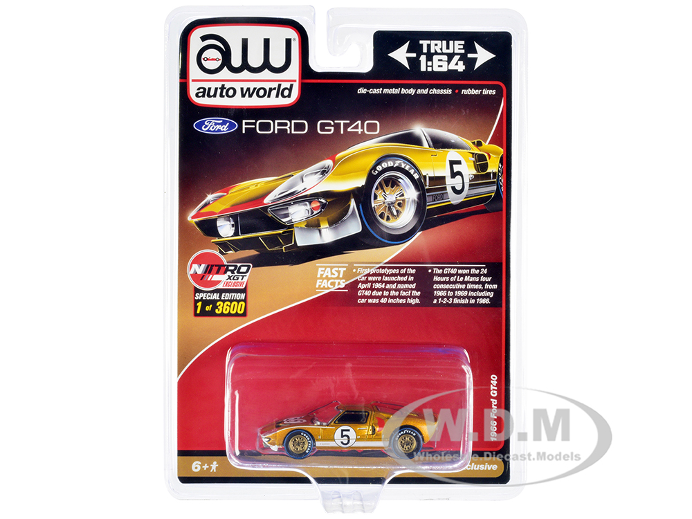 1966 Ford GT40 RHD (Right Hand Drive) 5 Gold with Graphics Limited Edition to 3600 pieces Worldwide 1/64 Diecast Model Car by Auto World