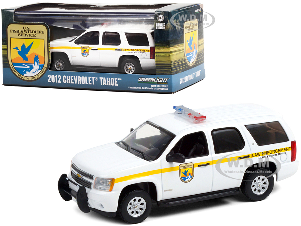 2012 Chevrolet Tahoe White with Yellow Stripes U.S. Fish &amp; Wildlife Service Law Enforcement 1/43 Diecast Model Car by Greenlight