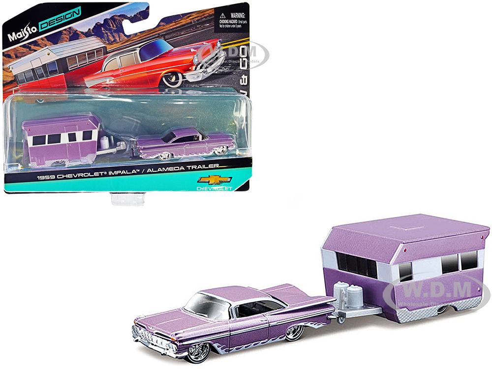 1959 Chevrolet Impala Purple Metallic with White Graphics and Alameda Trailer Purple Metallic and White Tow & Go Series 1/64 Diecast Model Car by Maisto