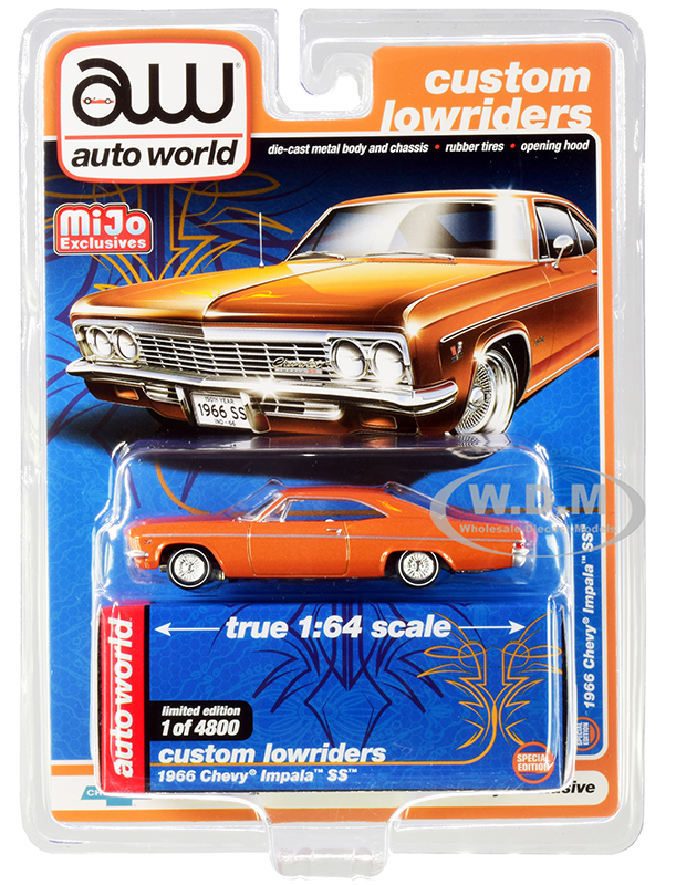 Image of 1966 Chevrolet Impala SS Orange Metallic with White Interior "Custom Lowriders" Limited Edition to 4800 pieces Worldwide 1/64 Diecast Model Car by Au