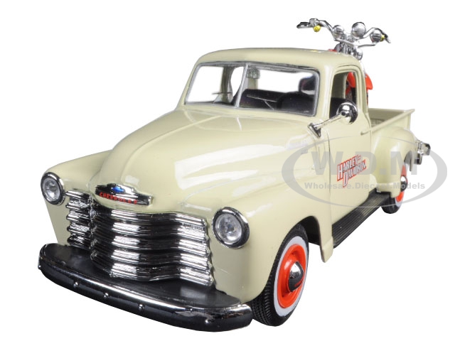 1950 Chevrolet 3100 Pickup Truck Cream 1/25 and 2001 FLSTS Heritage Springer Motorcycle Orange 1/24 Harley-Davidson Custom Series Diecast Models by Maisto