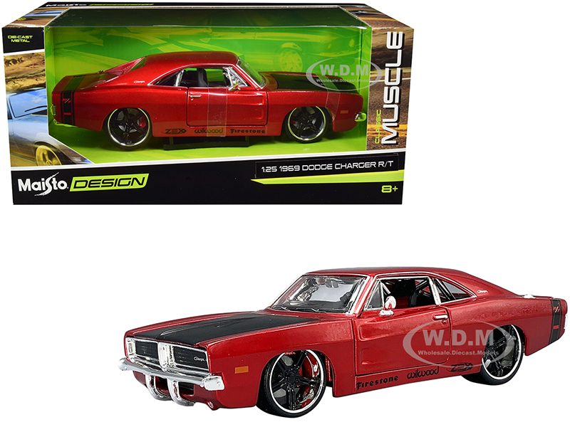 1969 Dodge Charger R/T Red Metallic with Black Hood and Black Stripes 