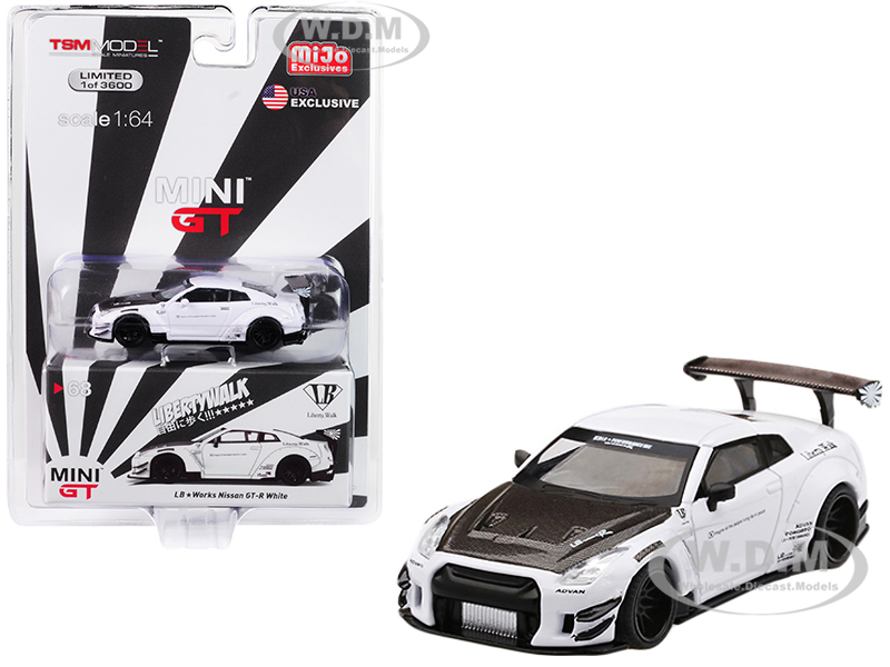 Image of Nissan GT-R (R35) Type 2 LB Works "LibertyWalk" with Rear Wing White with Carbon Fiber Hood Limited Edition to 3600 pieces Worldwide 1/64 Diecast Mod