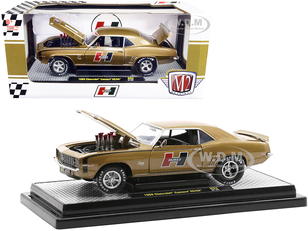 1969 Chevrolet Camaro SS/RS Gold Metallic with Black Stripes Hurst Limited Edition to 9600 pieces Worldwide 1/24 Diecast Model Car by M2 Machines