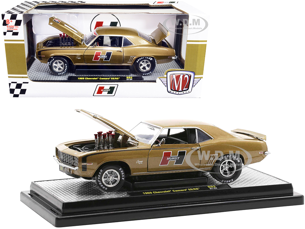 1969 Chevrolet Camaro SS/RS Gold Metallic with Black Stripes "Hurst" Limited Edition to 9600 pieces Worldwide 1/24 Diecast Model Car by M2 Machines