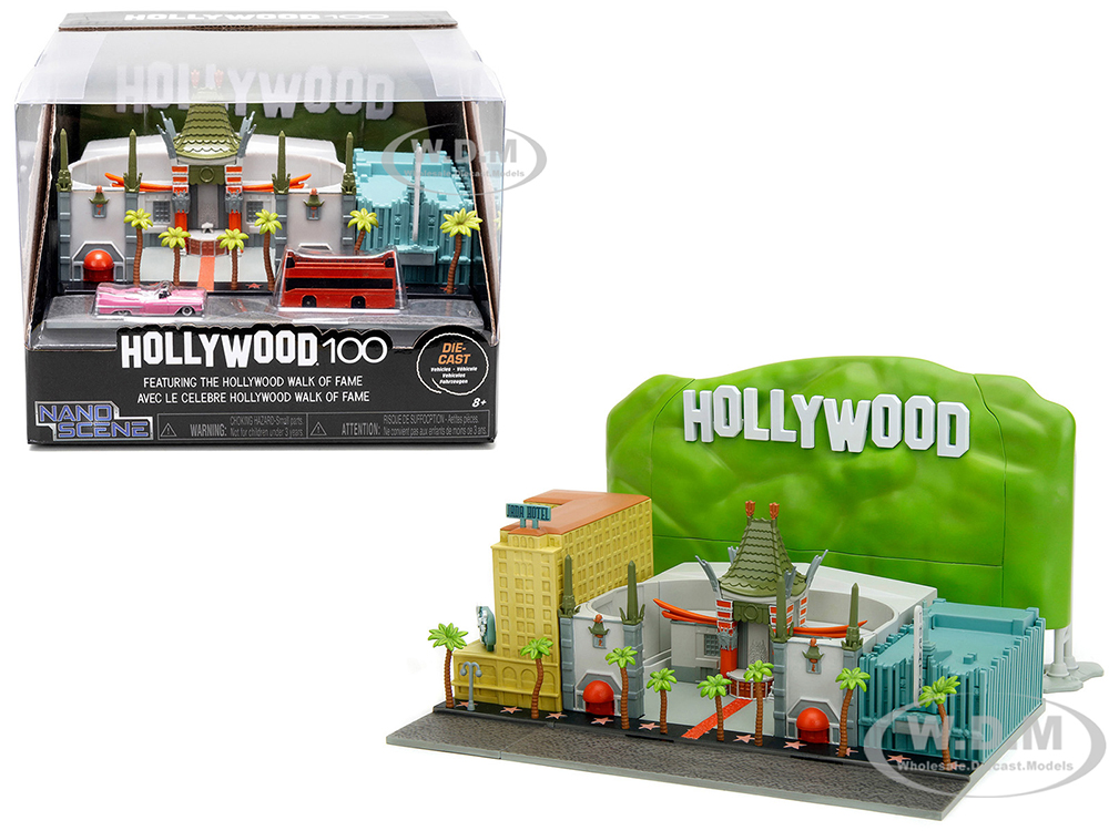 Hollywood 100 Walk Of Fame Diorama With Pink Convertible And Double-Decker Bus Nano Scene Series Model By Jada