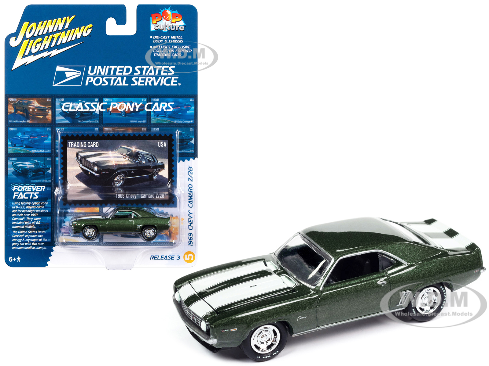1969 Chevrolet Camaro Z/28 Green Metallic with White Stripes United States Postal Service Pop Culture 2023 Release 3  1/64 Diecast Model Car by Johnny Lightning