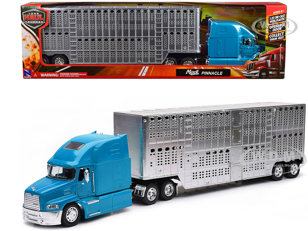 Mack Pinnacle Truck with Pot Belly Livestock Trailer Blue and Chrome Long Haul Truckers Series 1/32 Diecast Model by New Ray