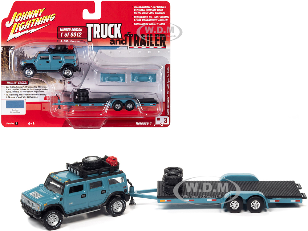 2004 Hummer H2 Ocean Blue with Open Trailer Limited Edition to 6012 pieces Worldwide Truck and Trailer Series 1/64 Diecast Model Car by Johnny Lightning