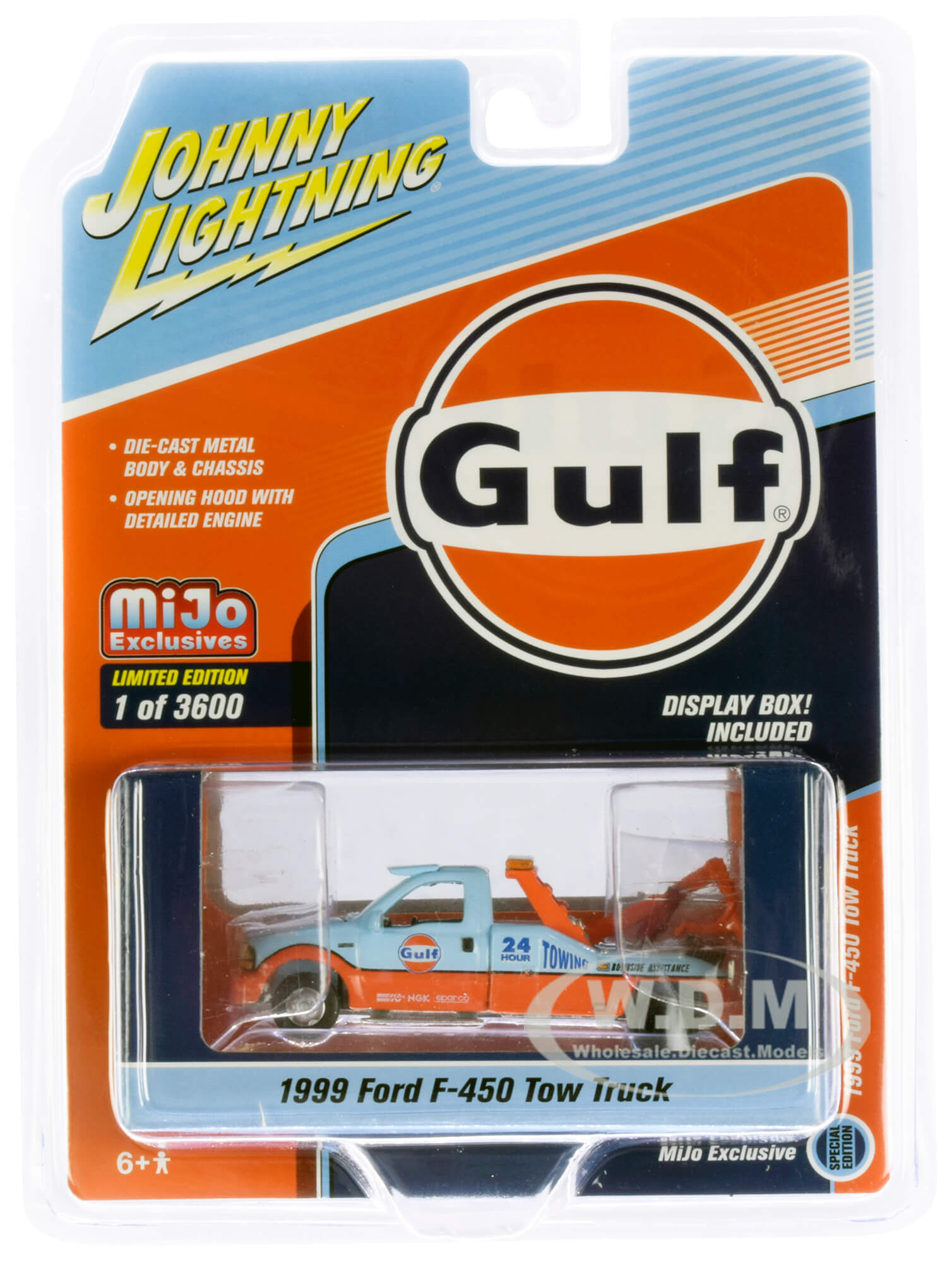 1999 Ford F-450 Tow Truck "gulf Oil" Orange And Light Blue Limited Edition To 3600 Pieces Worldwide 1/64 Diecast Model By Johnny Lightning