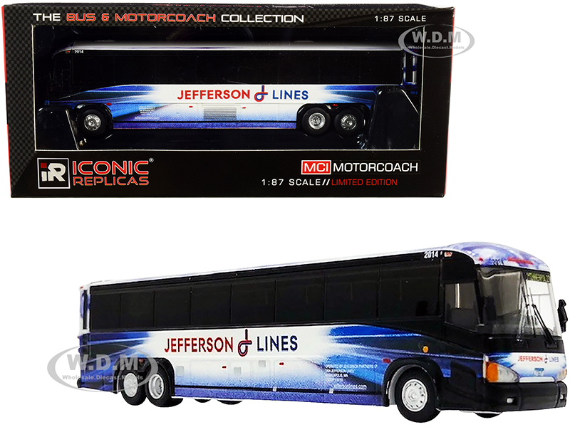 Image of MCI D4505 Motorcoach Bus "Jefferson Lines" Blue and White "The Bus &amp; Motorcoach Collection" 1/87 (HO) Diecast Model by Iconic Replicas