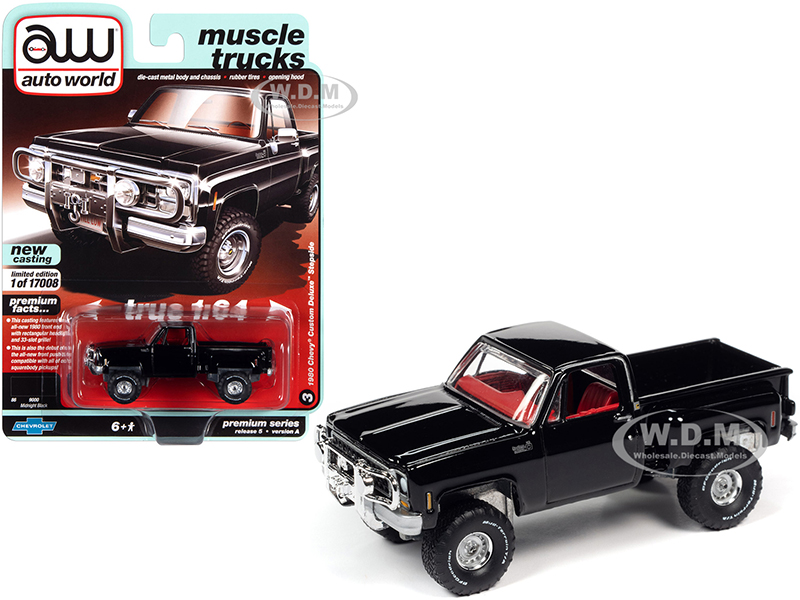 Image of 1980 Chevrolet Custom Deluxe Stepside Pickup Truck Midnight Black with Red Interior "Muscle Trucks" Limited Edition to 17008 pieces Worldwide 1/64 Di