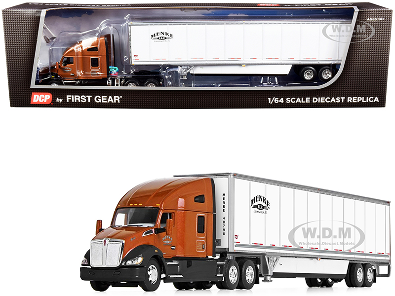 Image of Kenworth T680 72" High-Roof Sleeper Cab with 53 Wabash DuraPlate Dry Goods Trailer with Skirts "Menke Trucking" Brown Metallic and White 1/64 Diecast