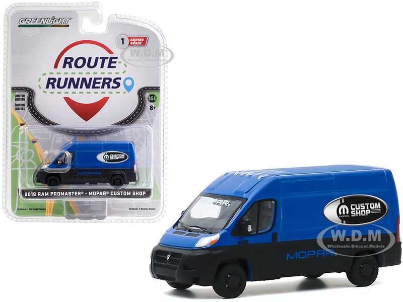 Image of 2018 RAM ProMaster 2500 Cargo Van High Roof "MOPAR Custom Shop" Blue and Black "Route Runners" Series 1 1/64 Diecast Model by Greenlight