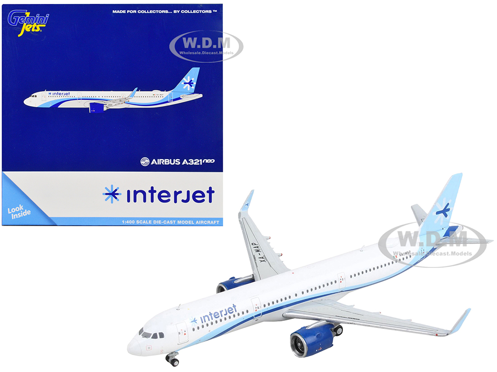 Airbus A321neo Commercial Aircraft "Interjet" White with Blue Stripes and Tail 1/400 Diecast Model Airplane by GeminiJets