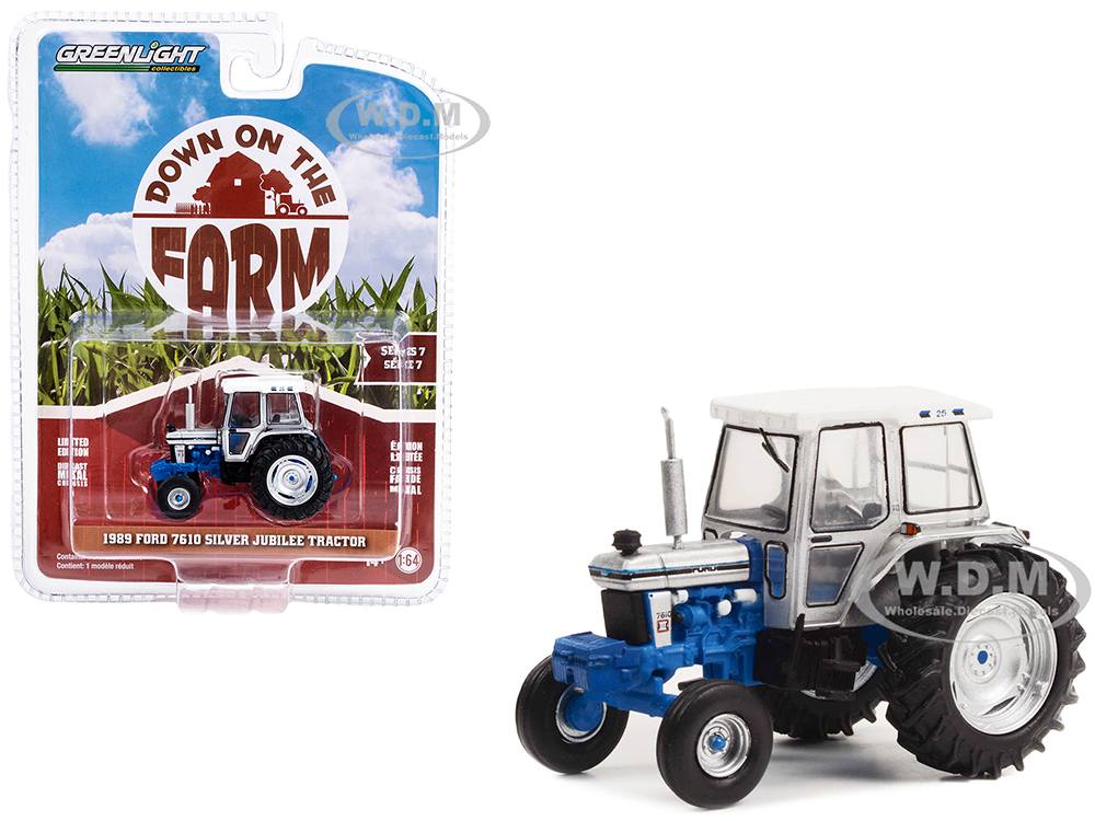 1989 Ford 7610 Silver Jubilee Tractor Silver and Blue with White Top Down on the Farm Series 7 1/64 Diecast Model Cars by Greenlight
