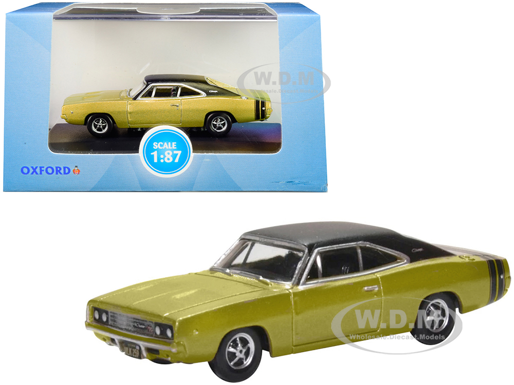 1968 Dodge Charger Gold With Black Top And Black Stripes 1/87 (HO) Scale Diecast Model Car By Oxford Diecast