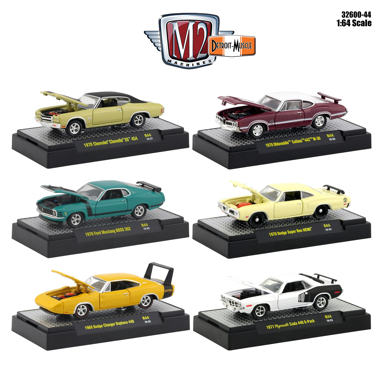 Detroit Muscle 6 Cars Set Release 44 In Display Cases 1/64 Diecast Model Cars By M2 Machines