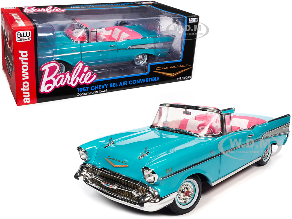 1957 Chevrolet Bel Air Convertible Aqua Blue with Pink Interior Barbie Silver Screen Machines 1/18 Diecast Model Car by Auto World