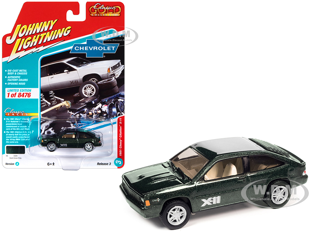 1981 Chevrolet Citation X-11 Dark Green Metallic Classic Gold Collection Series Limited Edition to 8476 pieces Worldwide 1/64 Diecast Model Car by Johnny Lightning