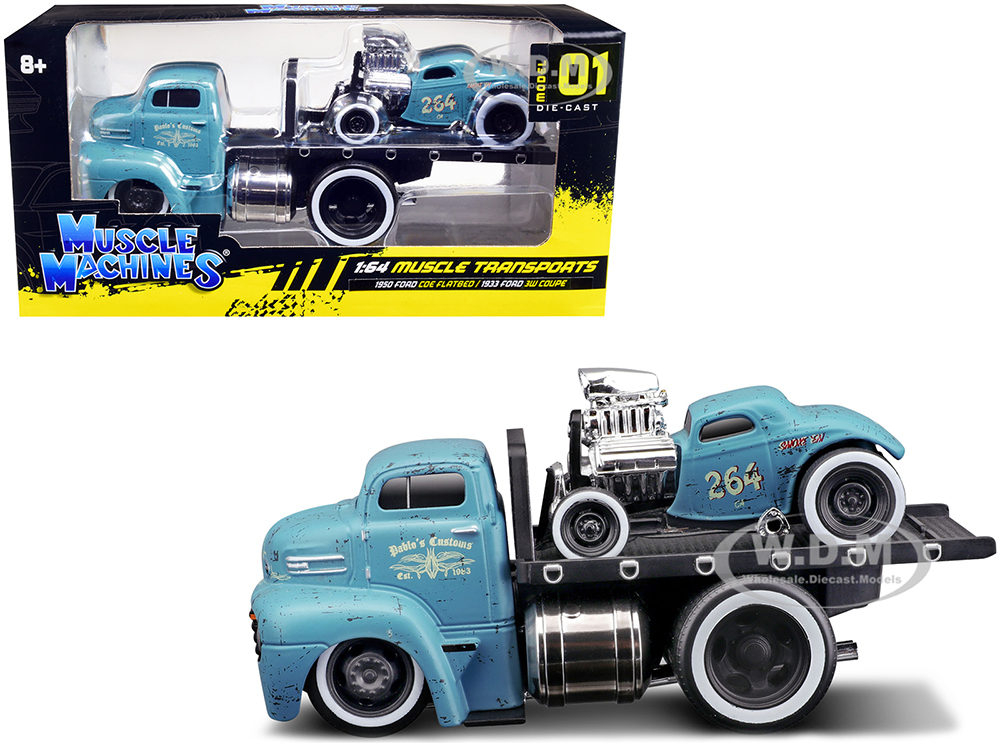 1950 Ford COE Flatbed Truck and 1933 Ford 3W Coupe 264 Matt Light Blue with Graphics (Weathered) "Pablos Customs" "Muscle Transports" Series 1/64 Die