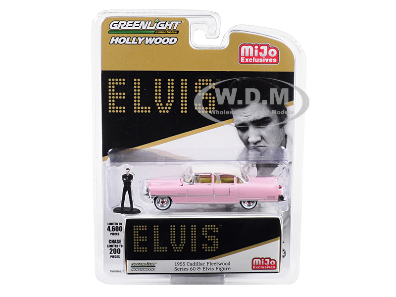 1955 Cadillac Fleetwood Series 60 Pink with Elvis Presley Figurine Limited Edition to 4600 pieces Worldwide 1/64 Diecast Model Car by Greenlight