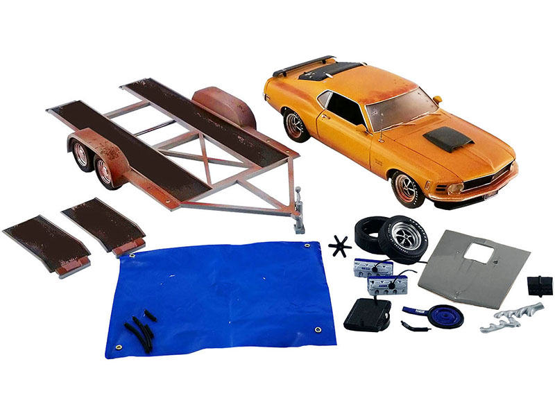 Image of 1970 Ford Mustang Boss 429 Weathered Grabber Orange and Car Trailer (Weathered) "Pork Chops Barn Find Boss" Set of 2 pieces Limited Edition to 650 pi