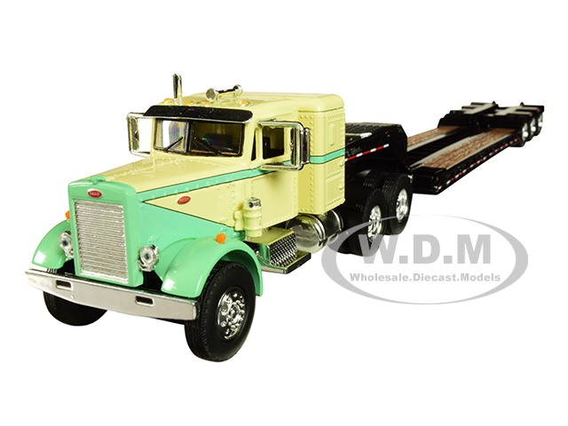 Peterbilt 351 With 36" Sleeper Cab And Tri-axle Lowboy Trailer Green And Tan 1/64 Diecast Model By Dcp/first Gear