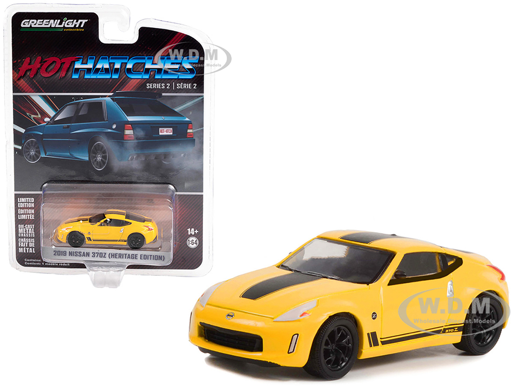2019 Nissan 370Z (Heritage Edition) Chicane Yellow with Black Stripes Hot Hatches Series 2 1/64 Diecast Model Car by Greenlight