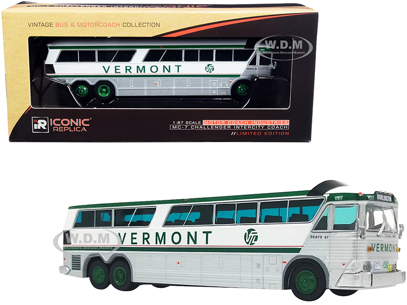 1970 MCI MC-7 Challenger Intercity Motorcoach Bus "Burlington" "Vermont Transit Lines" White and Silver with Green Stripes "Vintage Bus &amp; Motorco