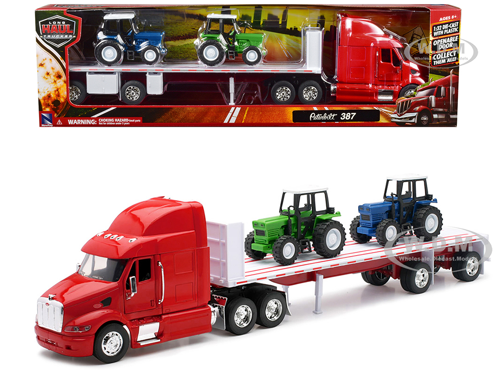 Peterbilt 387 Flatbed Truck Red with 2 Farm Tractors Blue and Green Long Haul Trucker Series 1/32 Diecast Model by New Ray