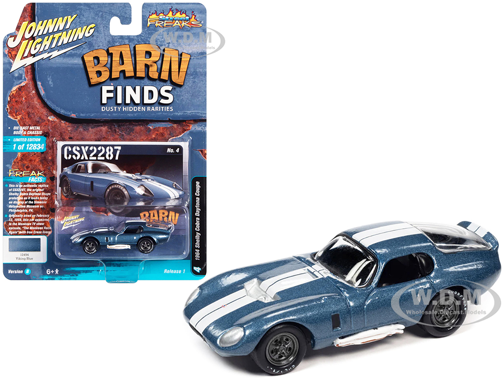 1964 Shelby Cobra Daytona Coupe Viking Blue Metallic with White Stripes "Barn Finds" Limited Edition to 12834 pieces Worldwide "Street Freaks" Series
