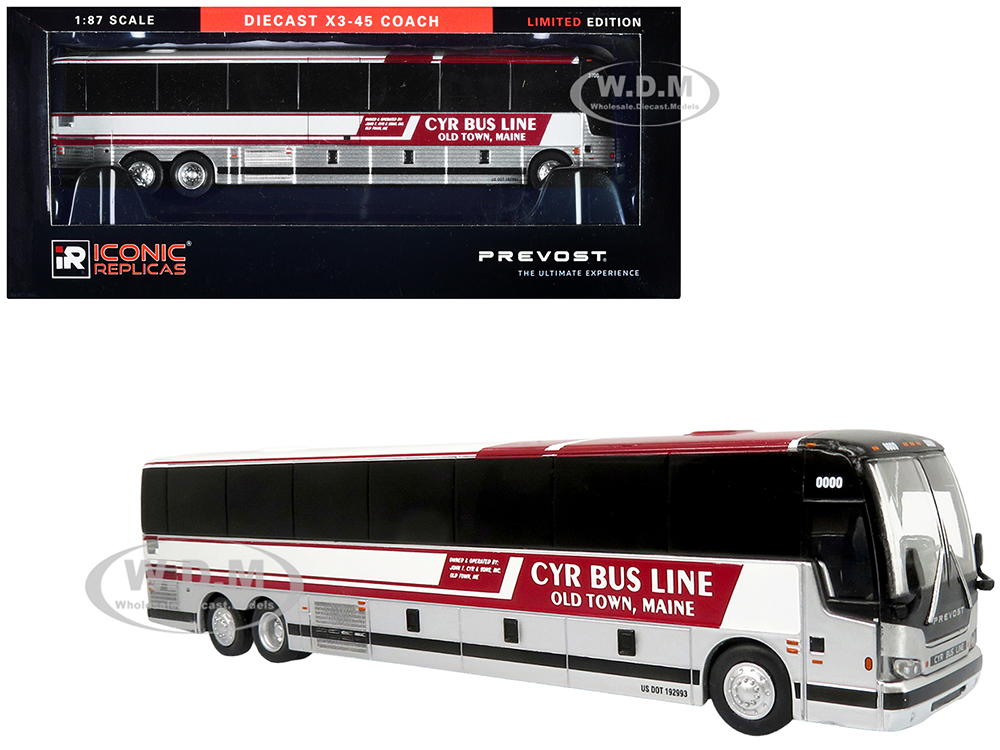 Prevost X3-45 Coach Bus CYR Bus Line Old Town Maine Red and White Limited Edition 1/87 (HO) Diecast Model by Iconic Replicas