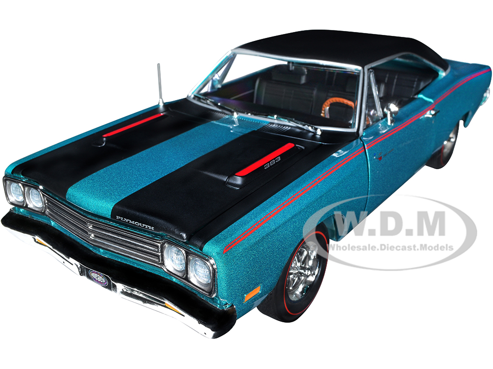 1969 Plymouth Road Runner Seafoam Turquoise Metallic with Black Top and Red Stripes 
