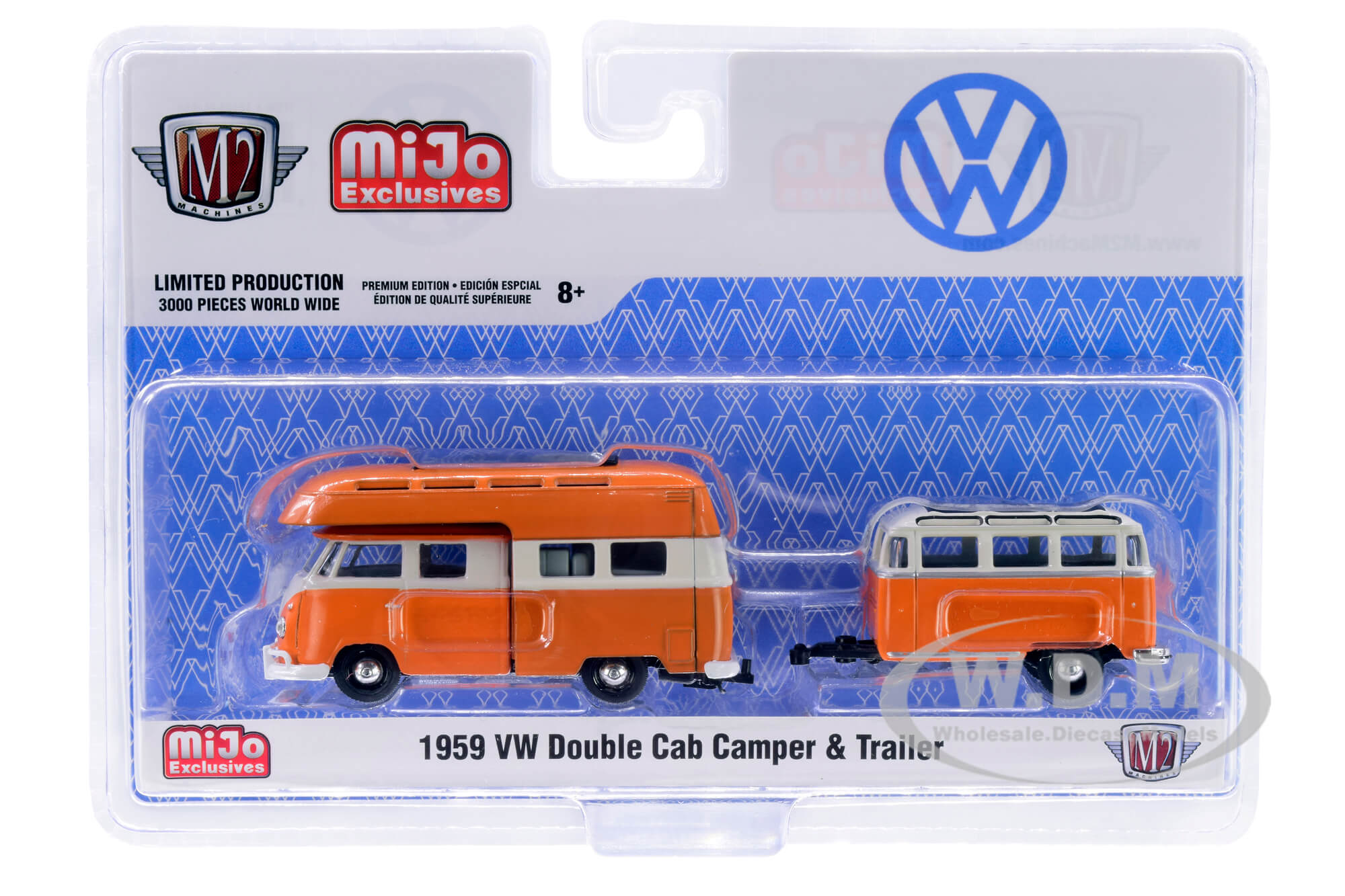 Image of 1959 Volkswagen Double Cab Camper with Travel Trailer Orange and Cream Limited Edition to 3000 pieces Worldwide 1/64 Diecast Model Car by M2 Machines