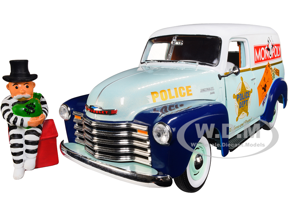 1948 Chevrolet Panel Police Van with Mr. Monopoly Figurine Monopoly 1/18 Diecast Model Car by Auto World