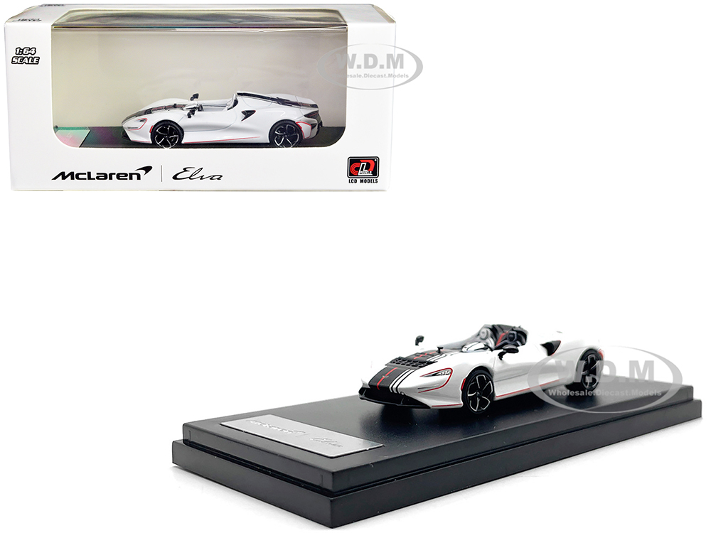McLaren Elva Convertible White with Carbon and Red Stripes 1/64 Diecast Model Car by LCD Models