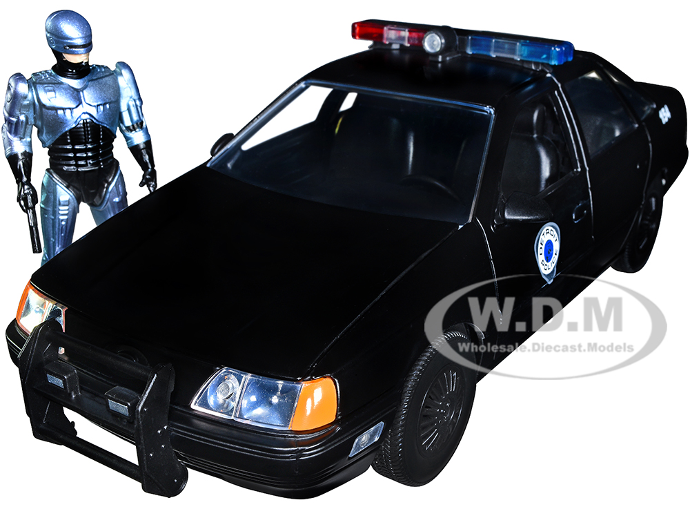 Ford Taurus OCP Matt Black "Detroit Police" and Robocop Diecast Figure 35th Anniversary "Robocop" (1987) Movie "Hollywood Rides" Series 1/24 Diecast